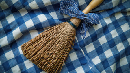 A rustic broom rests on a blue checkered fabric, showcasing traditional craftsmanship and evoking a sense of home and warmth in domestic life.の素材