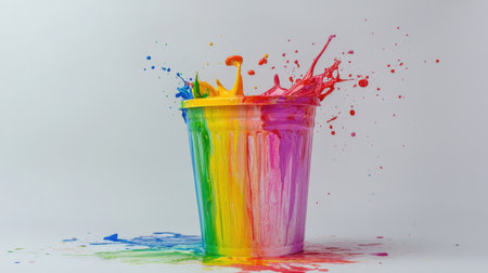 A vibrant bucket overflowing with multicolored paint creates a playful splash, showcasing a dynamic array of colors on a clean white background.の素材
