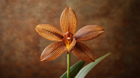 Stunning orange orchid flower showcases intricate patterns and textures against a soft brown background, symbolizing beauty and elegance in nature.の素材