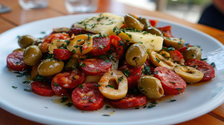A vibrant Mediterranean dish features sliced chorizo, green and black olives, and fresh herbs, perfect for sharing at gatherings or enjoying alone.の素材