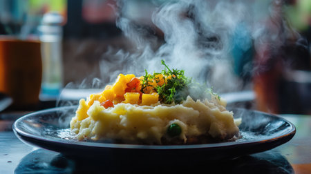 A steaming plate of fluffy mashed potatoes topped with vibrant yellow and orange vegetables, garnished with fresh herbs, presented beautifully for a gourmet touch.の素材