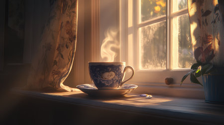 A serene scene featuring a steaming cup of tea beside a sunlit window, surrounded by beautiful decor. Ideal for conveying comfort and tranquility.の素材
