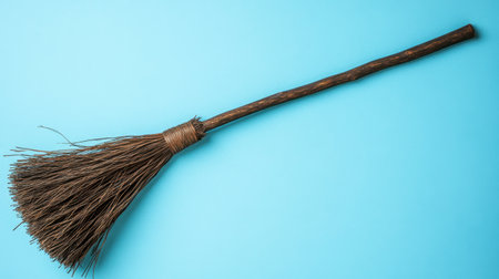 This image showcases a natural handmade broom with a long wooden handle and straw bundles, ideal for cleaning or adding rustic decor to any space.の素材
