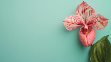 This stunning close-up features a delicate pink orchid against a soft blue background. The composition highlights the beauty and elegance of the flower, complemented by a green leaf. Perfect for serene decor or floral-themed designs.の素材