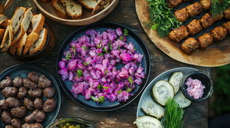 A vibrant arrangement of culinary delights features colorful meatballs, fresh herbs, and unique floral garnishes on a rustic wooden table, inviting a feast for the senses.の素材