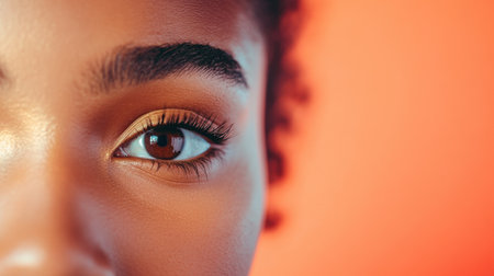 This captivating close-up photo features a beautiful brown eye with lush eyelashes, set against a warm orange background, highlighting beauty and emotion.の素材