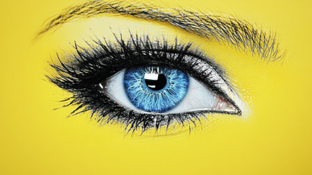 This captivating close-up image features a striking blue eye with bold black eyeliner set against a vibrant yellow background, showcasing beauty and elegance.の素材