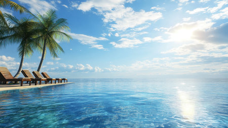 Experience a tranquil tropical paradise featuring a beautiful infinity pool, palm trees, and a breathtaking sky at sunset, perfect for relaxation.の素材
