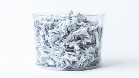 This image features a clear container filled with shredded paper, showcasing a practical solution for office organization and recycling concepts.の素材