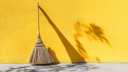 A rustic broom leans against a vivid yellow wall, creating an eye-catching composition with its shadow. This image captures simplicity and brightness in a serene setting.の素材