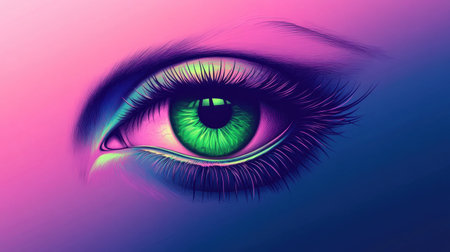 This artistic illustration features a stunning green iris set against a vibrant background of pink and blue gradients, creating a mesmerizing visual effect.の素材