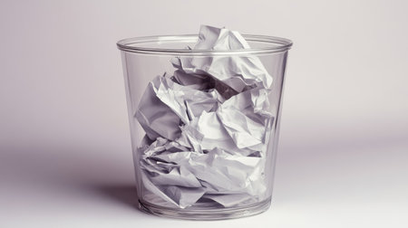 This image features crumpled paper inside a transparent trash bin, symbolizing discarded thoughts and creative processes in a modern workspace, emphasizing minimalism.の素材