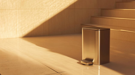 A sleek metal trash can stands on a light-colored floor near steps, illuminated by warm natural sunlight, creating an inviting minimalist atmosphere.の素材