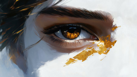 This stunning close-up features an eye with a captivating golden accent, blending artistic elements with soft textures, evoking deep emotion and beauty.の素材