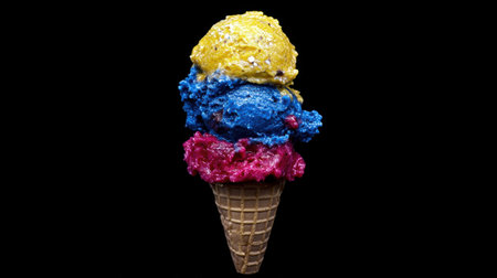 A vibrant ice cream cone topped with three scoops in bright yellow, blue, and pink hues against a black background, creating a striking visual appeal.の素材
