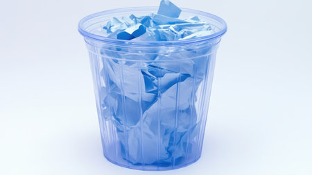 A clear blue plastic trash bin filled with scrunched blue paper sits against a light backdrop, showcasing waste management and recycling concepts.の素材
