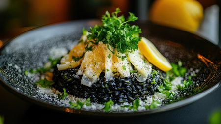 This stunning black risotto dish features seafood and fresh herbs, elegantly garnished with lemon. Perfect for food enthusiasts and culinary presentations.の素材