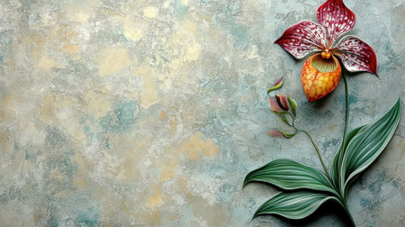 This stunning image captures an elegant orchid flower against a textured background, showcasing vibrant colors and graceful leaves, perfect for nature-themed art.の素材