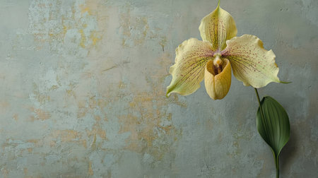 Featuring an elegant Paphiopedilum orchid, this image captures the beauty of nature with a soft pastel background, ideal for floral and botanical themes.の素材