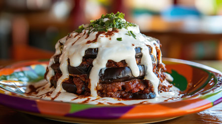 This enticing layered eggplant dish showcases savory meat and a creamy sauce, beautifully presented on a colorful plate, perfect for food lovers.の素材