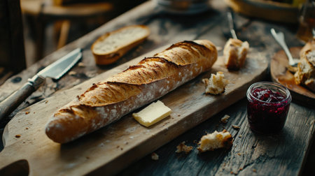 A beautifully arranged scene featuring a freshly baked baguette on a wooden table, complemented by butter and jam, evoking warmth and culinary delight.の素材