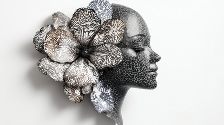 This captivating sculpture features a stylized profile adorned with intricate floral patterns, showcasing a blend of artistry and modern design elements.の素材