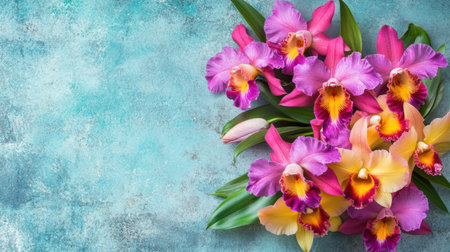A stunning arrangement of colorful orchids in shades of pink and yellow rests against a textured turquoise background, perfect for floral artwork or design inspirations.の素材