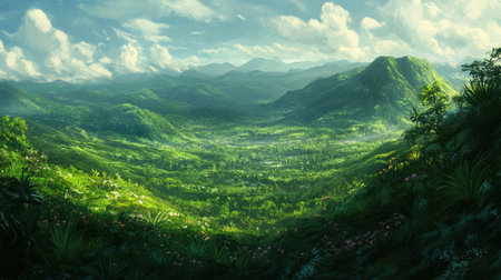 A stunning and serene green mountain landscape features lush vegetation, clear blue skies, and rolling hills under a bright daylight. Perfect for nature lovers.の素材