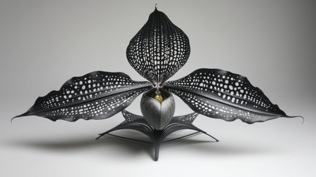This stunning black and white orchid features intricate patterns and elegant leaves, perfect for nature lovers and art enthusiasts. A beautiful floral display.の素材