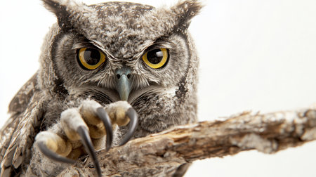 This stunning close-up image captures an owl with its piercing yellow eyes and impressive claws, highlighting the beauty and detail of wildlife. Perfect for nature lovers.の素材