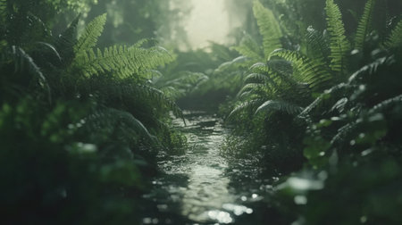 A tranquil forest scene featuring a gentle stream winding through vibrant green ferns, illuminated by soft morning light and enveloped in mist.の素材