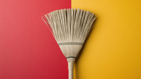 This image features a broom against a striking red and yellow background, symbolizing cleanliness and home decor. Perfect for cleaning themes or modern design concepts.の素材