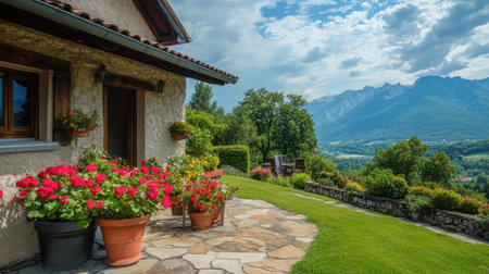 A captivating countryside scene featuring a charming home adorned with vibrant flower pots, surrounded by lush greenery and majestic mountains.の素材