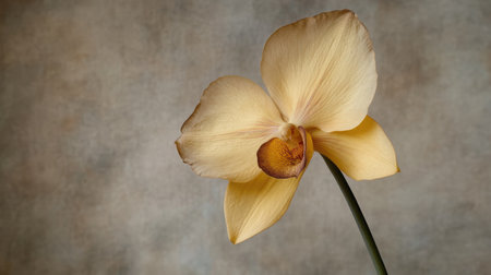 A stunning close-up of a single yellow orchid flower showcasing its delicate petals against a soft, textured background. Ideal for nature-themed projects.の素材