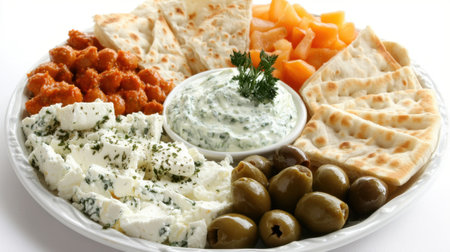A vibrant Mediterranean platter featuring an assortment of cheeses, olives, fresh fruits, crispy bread, and flavorful dips, perfect for gatherings.の素材