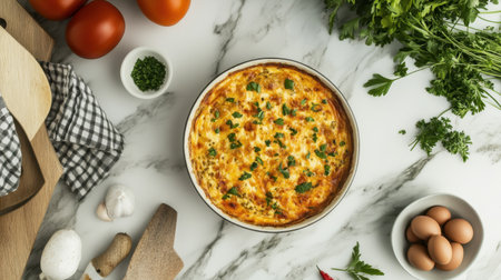A beautifully arranged vegetable frittata showcases fresh ingredients like tomatoes and herbs on a modern kitchen countertop, perfect for healthy meals.の素材