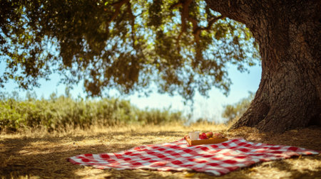 Enjoy a beautiful outdoor picnic scene featuring a checkered blanket spread beneath a large tree, with fresh fruits arranged in a basket, inviting relaxation.の素材