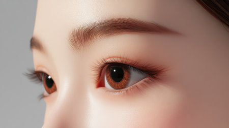 This close-up image captures stunning brown eyes with long lashes, conveying a sense of beauty and allure. The smooth skin and neutral background enhance the focus on the expressive features, making it an ideal representation of elegance and charm.の素材