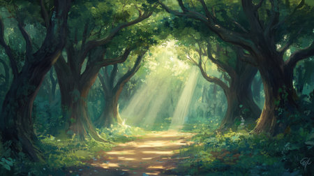 This enchanting forest scene captures a tranquil pathway flanked by vibrant green trees with sunlight streaming through the leaves, evoking a serene atmosphere.の素材