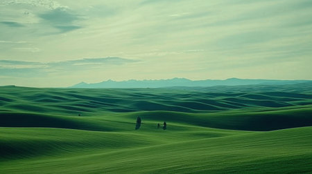 Experience the tranquility of lush rolling hills bathed in soft light, capturing the serene beauty of nature's gentle curves and lush greenery.の素材