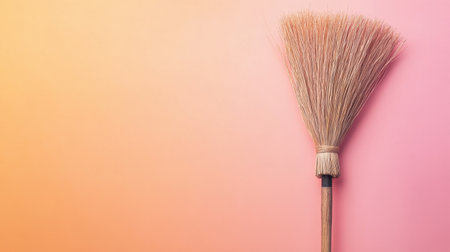 This image features a natural bristle broom leaning against a vibrant gradient background of pink and orange hues, perfect for cleaning and home decor themes.の素材
