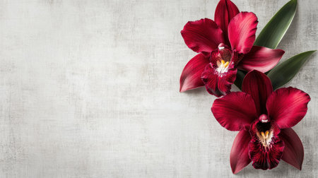 This image showcases stunning red orchids against a soft gray background, accompanied by lush green leaves. Perfect for floral decor, design inspiration, and artistic use.の素材