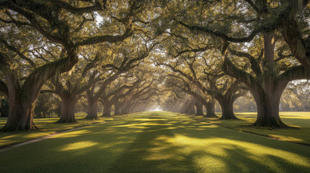 Immerse yourself in a serene landscape featuring majestic oak trees arching over a tranquil pathway bathed in soft morning light, creating an idyllic atmosphere.の素材