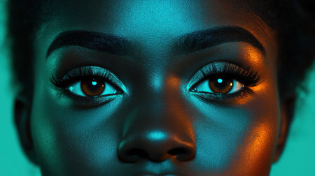 A striking close-up portrait featuring the captivating eyes and makeup of a young person, showcasing vibrant colors and dramatic lighting effects.の素材