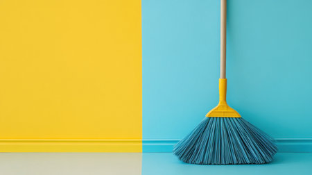 This image features a broom set against a vivid yellow and blue wall, creating a fresh and cheerful atmosphere. Perfect for home decor inspiration.の素材
