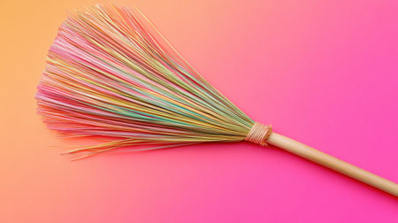 A vibrant and colorful broom made of straws rests against a stunning gradient background of pink and orange, perfect for creative cleaning or decoration.の素材