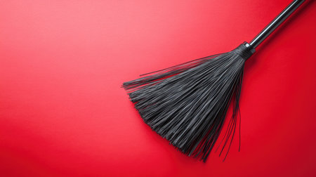 A striking image showcasing a black broom against a vibrant red background, emphasizing the importance of cleanliness and organization in any environment.の素材