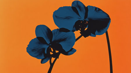 This captivating image features a silhouette of black orchids set against a bold orange background, showcasing a striking visual contrast that emphasizes nature's elegance and artistic beauty.の素材