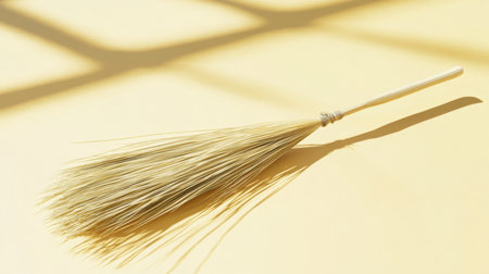 A traditional broom rests on a soft pastel yellow background, casting gentle shadows that enhance its rustic charm and minimalistic design. Ideal for home decor.の素材