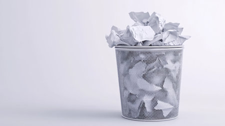 A single metal trash bin filled with crumpled white paper sits against a clean backdrop, highlighting themes of waste management, recycling, and environmental care.の素材